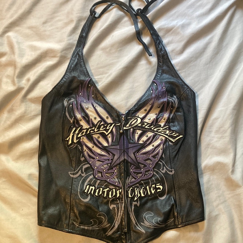 Harley-Davidson Black Leather Halter Zip Front Camisole with Purple Graphic - Picture 1 of 6